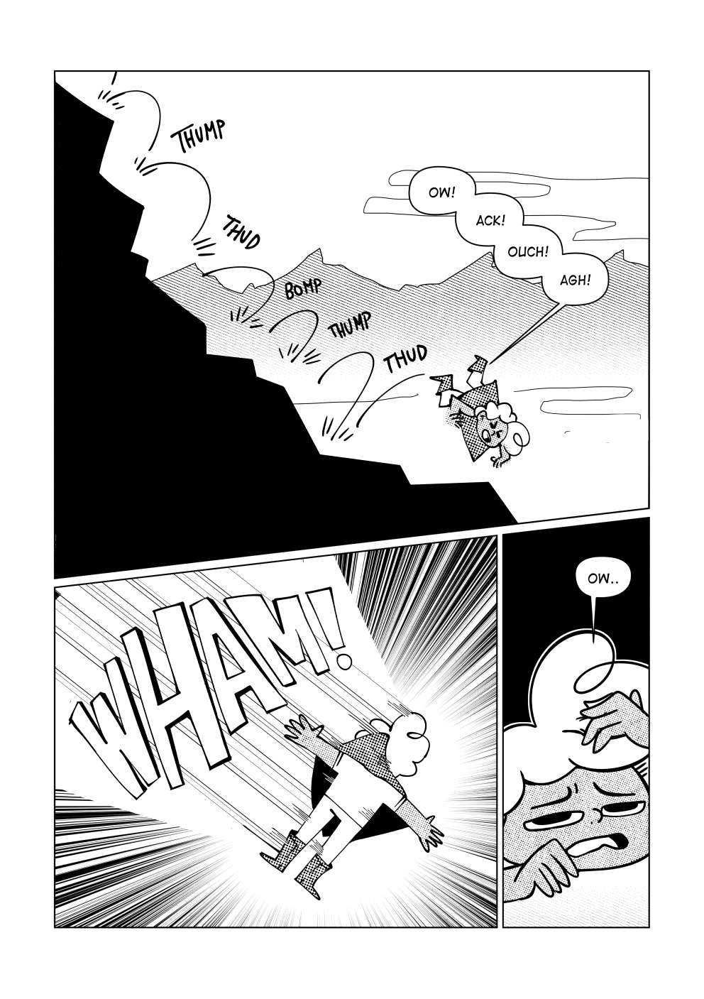 Nate falls down a bumpy cliffside, until he falls face first onto the ground. Painfully, he only manages to say “Ow...”