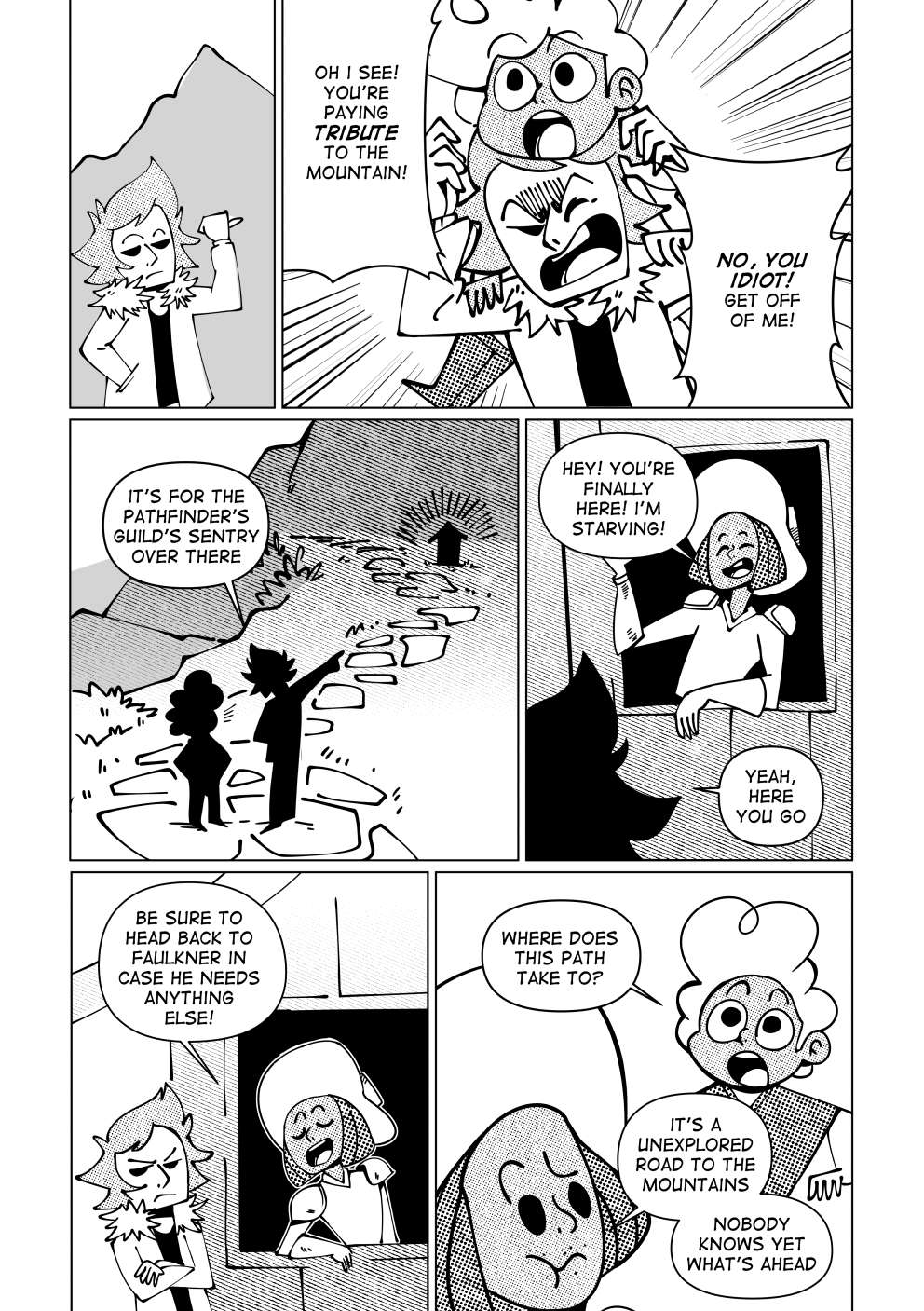 Vincent points to the large mountain in the distance. Nate jumps on top of Vincent and yells: “Oh I see! You’re paying tribute to the mountains!” Vincent replies: “No you, idiot! Get off of me!”. Pointing at a small outpost he says “It’s for the Pathfinders’ sentry”. A friendly guard is awaiting them. He’s wearing light armor, with small shoulderpads and gloves, as well as a wide brim hat. He says “Vincent! You’re finally here! I’m starving!” Vincent says, as if in a hurry: “Yeah, yeah, here you go.” The guard tells Vincent: “Be sure to head back to Faulkner in case he needs anything else!”. Vincent is barely paying attention. Nate asks the guard: “Where does this path take to?”. He replies “It’s an unexplored road to the mountains. Nobody knows yet what’s ahead”.