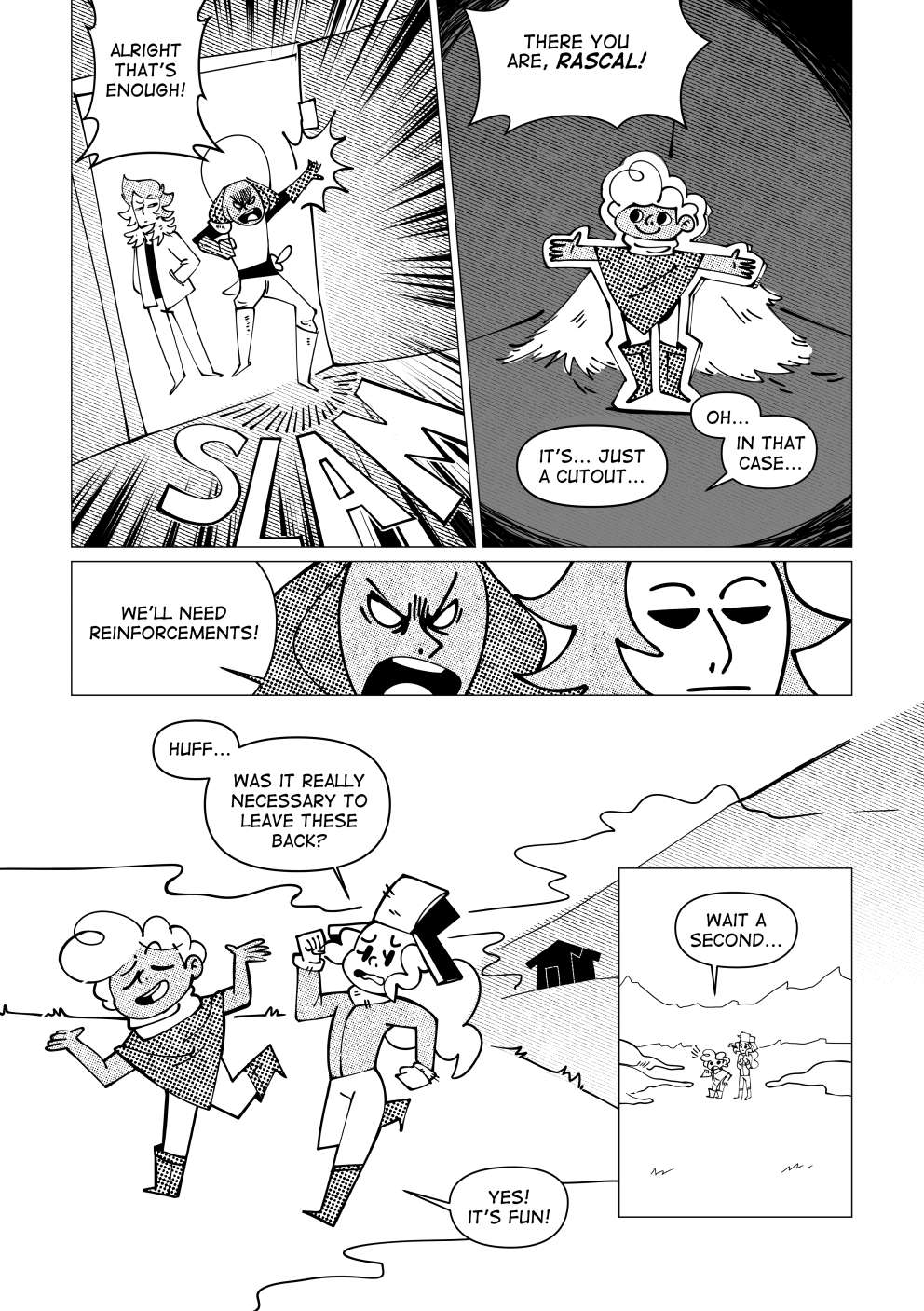 The guard slams the door open. He yells: “Alright, that’s enough!” A cardboard cutout of Nate stands in front of them. He has a smile on his face. The guard calls out: “There you are, rascal!”. Vincent says: “It’s just a cutout...”. The guard says: “In that case... We will need reinforcements!”. Vincent is completely zoned out of the situation. Outside the house, Nate and Marissa run away from them. Marissa asks Nate: “Was it really necessary to leave these back?”. Nate replies: “Yes! It’s fun!”. They stop themselves for a second. Nate asks himself: “Wait a second...”