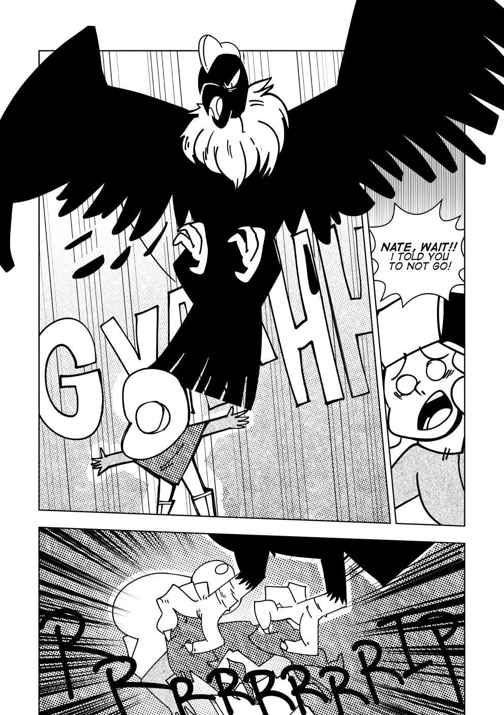 The giant bird emerges from its den, showing its talons to Nate, bravely standing in front of it to challenge it. "Nate, wait! I told you to not go!" screams Marissa, terrified. The Amanchaq rips Nate's torso mercilessly.