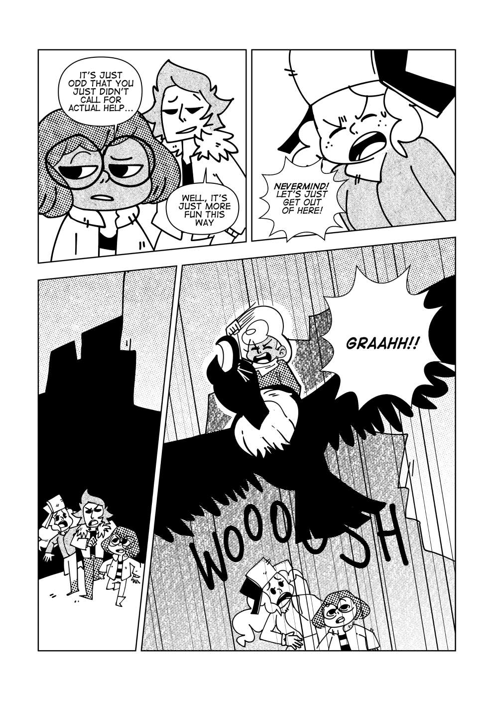 "It's just odd you didn't call someone else for actual help..." says Nita, aware of her friend's behavior. "Well, it's just more fun this way." interjects Vincent. "Nevermind! Let's just get out of here!" Marissa says, trying to end the conversation. The three of them run to the exit, as the Amanchaq glides right abov them, Nate still clung to its neck. 