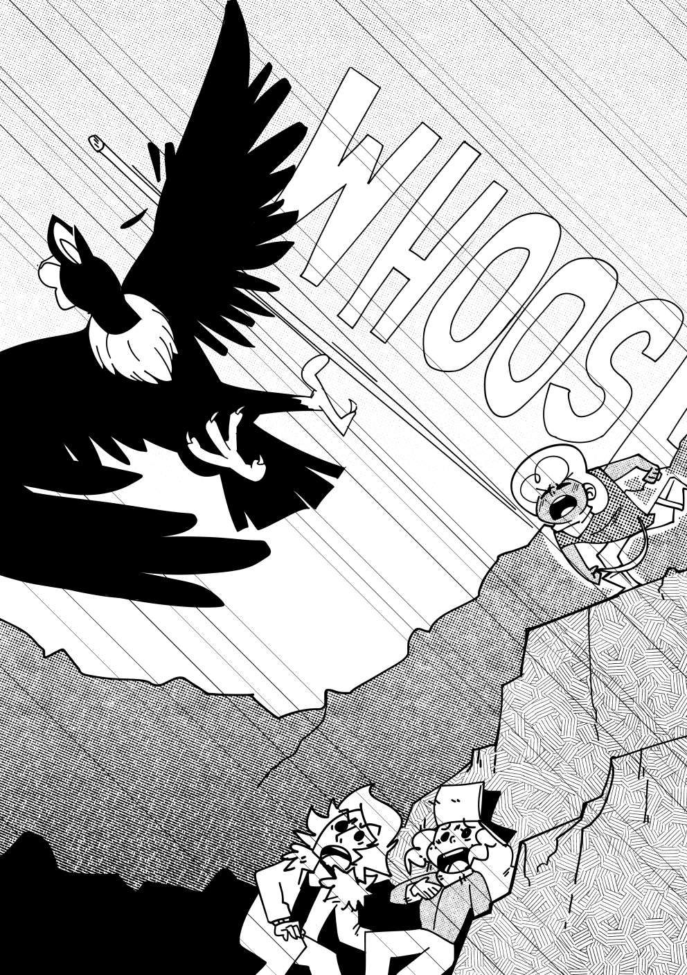Nate swings his sling, shooting a pebble straight into the Amanchaq's wing, stopping its flight. Vincent and Marissa observe shocked.
