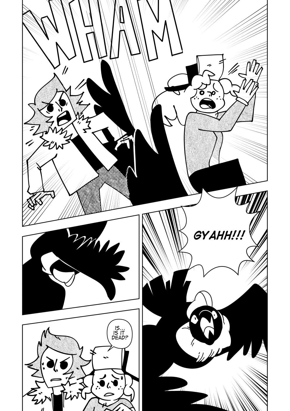 The beast falls to the ground, right next to Vincent and Marissa. It lays in the ground without moving. Vincent and Marissa look at it cautiously. "Is... is it dead?". However, it wakes up and lets out a loud screech at them.