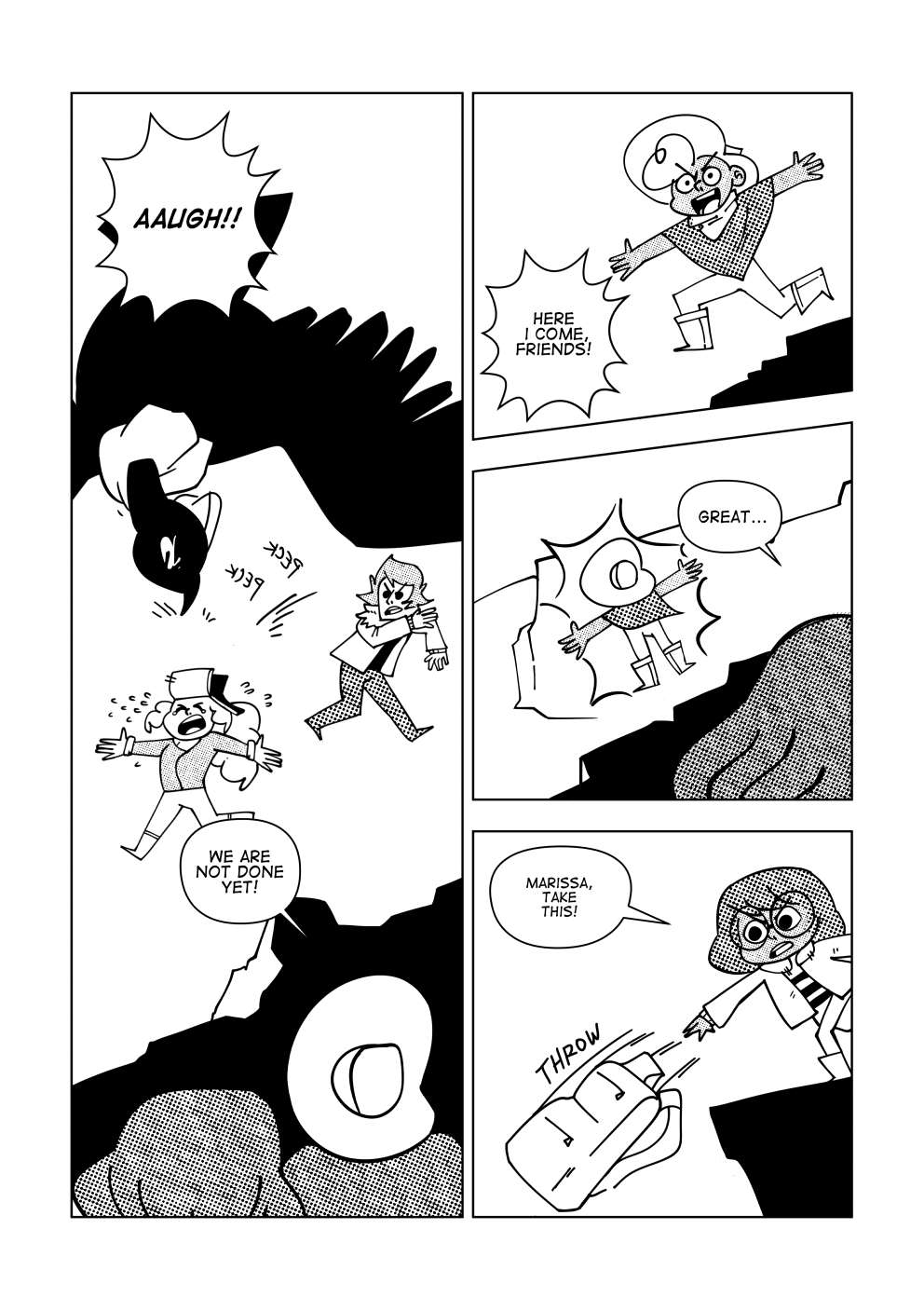 The Amanchaq gets up and starts chasing around Vincent and Marissa, trying to attack them with its beak. Marissa runs around helplessly in circles while it chases Vincent. "We are not done here yet!" says Nate, looking at them from above. "Here I come, friends!" he yells as he jumps downwards. Despite his best efforts, he lands face down on a rock next to them. "Great..." says Nita. She picks up Marissas bag and throws it at her. "Marissa, take this!".
