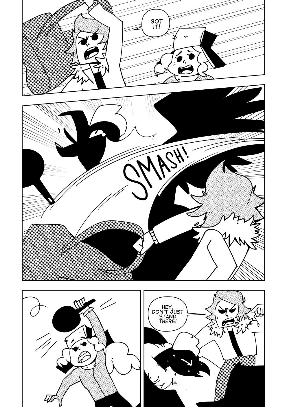 Vincent catches the backpack thrown by Nita. As the Amanchaq approaches, he swings it to its face, with the contents inside the bag spilling out. Marissa catches a frying pan that flew around. "Hey! Don't just stand there!" says Vincent, pointing to the almost-knocked out beast.