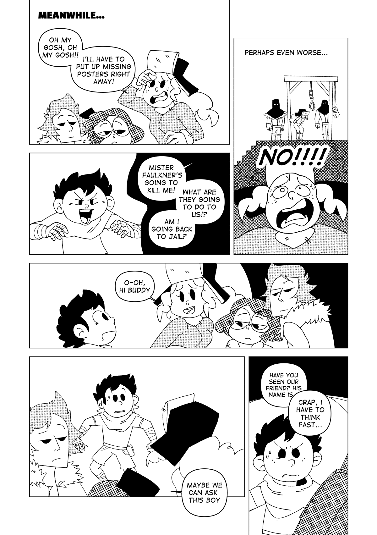 Meanwhile, Marissa worried about where Nate could be. “Oh my gosh, oh my gosh!! I’ll have to put up missing posters right away!!” She said. The situation was getting out of control for her, thinking up the worst scenarios for her. At the same time, the kid crept closer to them to snatch their shopping bags. “Mister Faulkner is going to kill me! What re they going to do to us!? Am I going back to jail!?”. A somber vision of her future flashed before her eyes, seeing herself being escorted to the gallows to pay for her terrible crimes. “No!!!” She shrieked. She noticed someone behind her and quickly turned around to see who was it. She saw the kid Nate met and greeted him. “Oh, hi buddy” she said to him. He was taken aback by her reaction. Despite being inches away from stealing their belongings, he froze in place wondering what to do. “Maybe we can ask this boy” suggested Nita. They asked him questions about their missing friends, but he wasn’t paying attention. “Crap, I have to think fast…” he thought to himself.