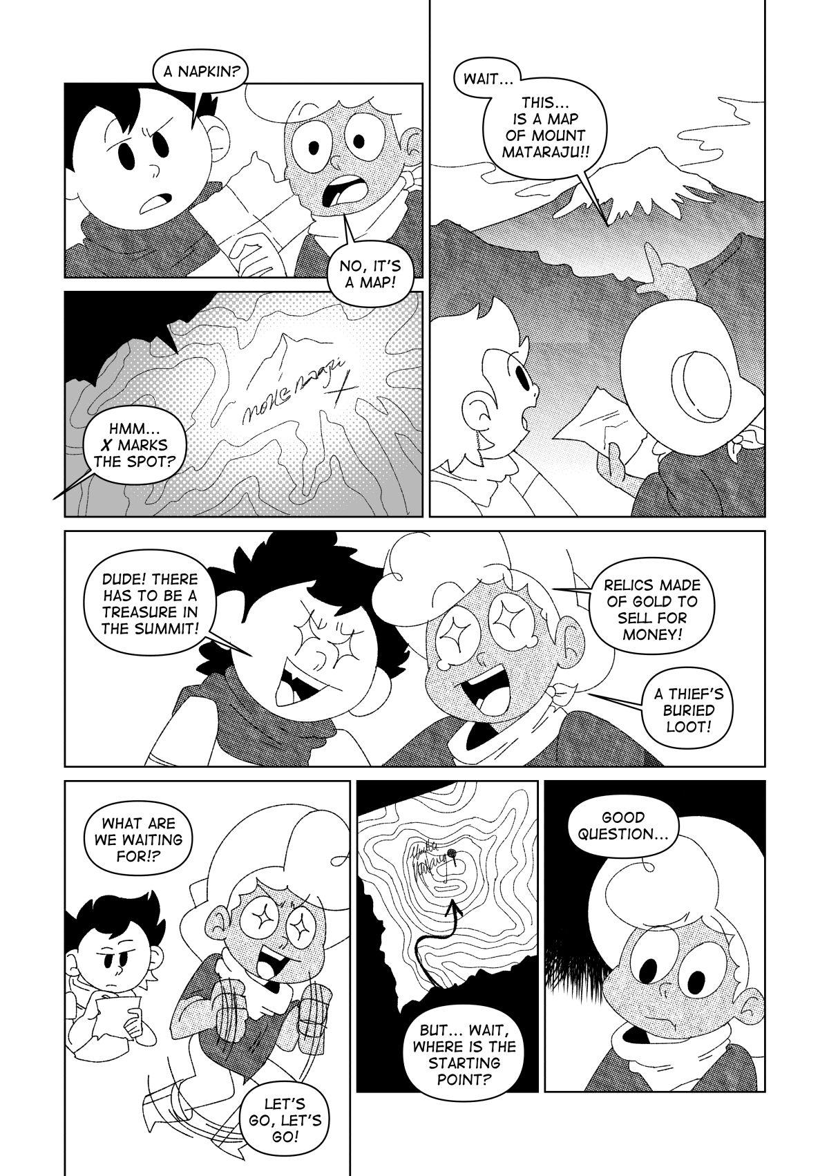 Chuckie picked up the piece of paper that fell from the book. “A napkin?” He wondered. Nate takes a closer look. “No.. it’s a map!” said Nate. On closer inspection, the paper contained an intricate drawing of a mountainous region. A large mountain is depicted somewhat close to the middle, with a large X drawn and an illegible script beside it. An arrow seems to trace a path towards it. “Hm… X marks the spot?” said Chuckie. “Wait…” said Nate. “This… is a map of Mount Mataraju!”. He pointed to the large mountain behind them. Right away, both of them started dreaming of what could be the found atop of the mountain. “Dude! There has to be a treasure in the summit!” Said Chuckie. “Relics made of gold to sell for money!” he continued. “A thief’s buried loot!” Said Nate. He prepared for an adventure with excitement. “What are we waiting for!? Let’s go, let’s go!” he said as he urged Chuckie to get moving. However, on a closer inspection, he noticed an important detail was missing. The arrow drawn towards the summit was cut off at some point, making it impossible to figure out where it was coming from. “Wait.. where is the starting point?” He asked. Nate came back to his senses. “Good question…” he said.