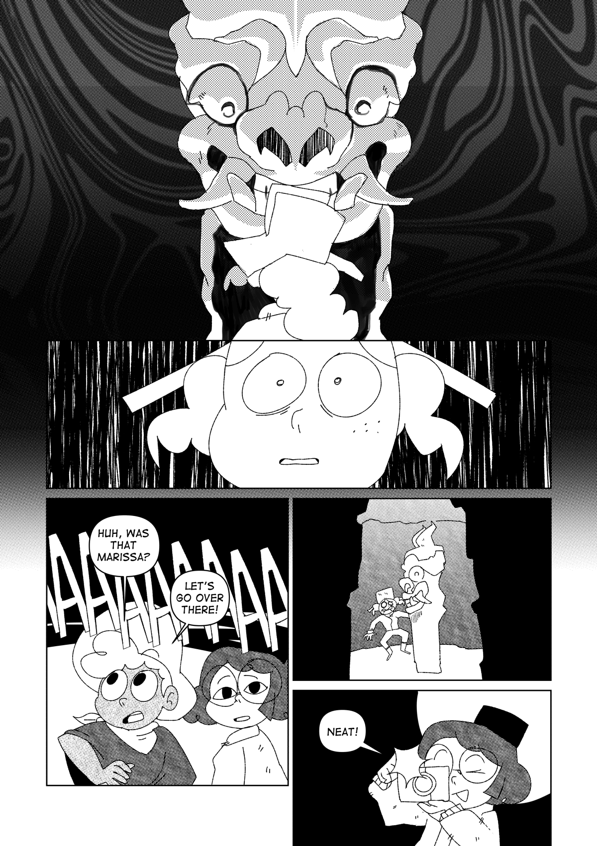 An enormous statue loomed over Marissa. It had no arms or legs. Its eyes stared down at her from over ten feet above the ground. The face had a beastly snout and a pair of large fangs, twisted into a vicious, unsettling grin. An odd energy and a barely audible hum could be felt right beside it. Marissa could not avert her eyes from the statue’s gaze. She let out a blood-curdling scream that echoed through the underground. “Huh, was that Marissa?” Nate said when he heard her scream. “Let’s go over there!”.  Nate and Nita found Marissa terrified with her back pressed against the wall where the statue could be found. Nita took a picture of the unusual statue. “Neat!” she said.