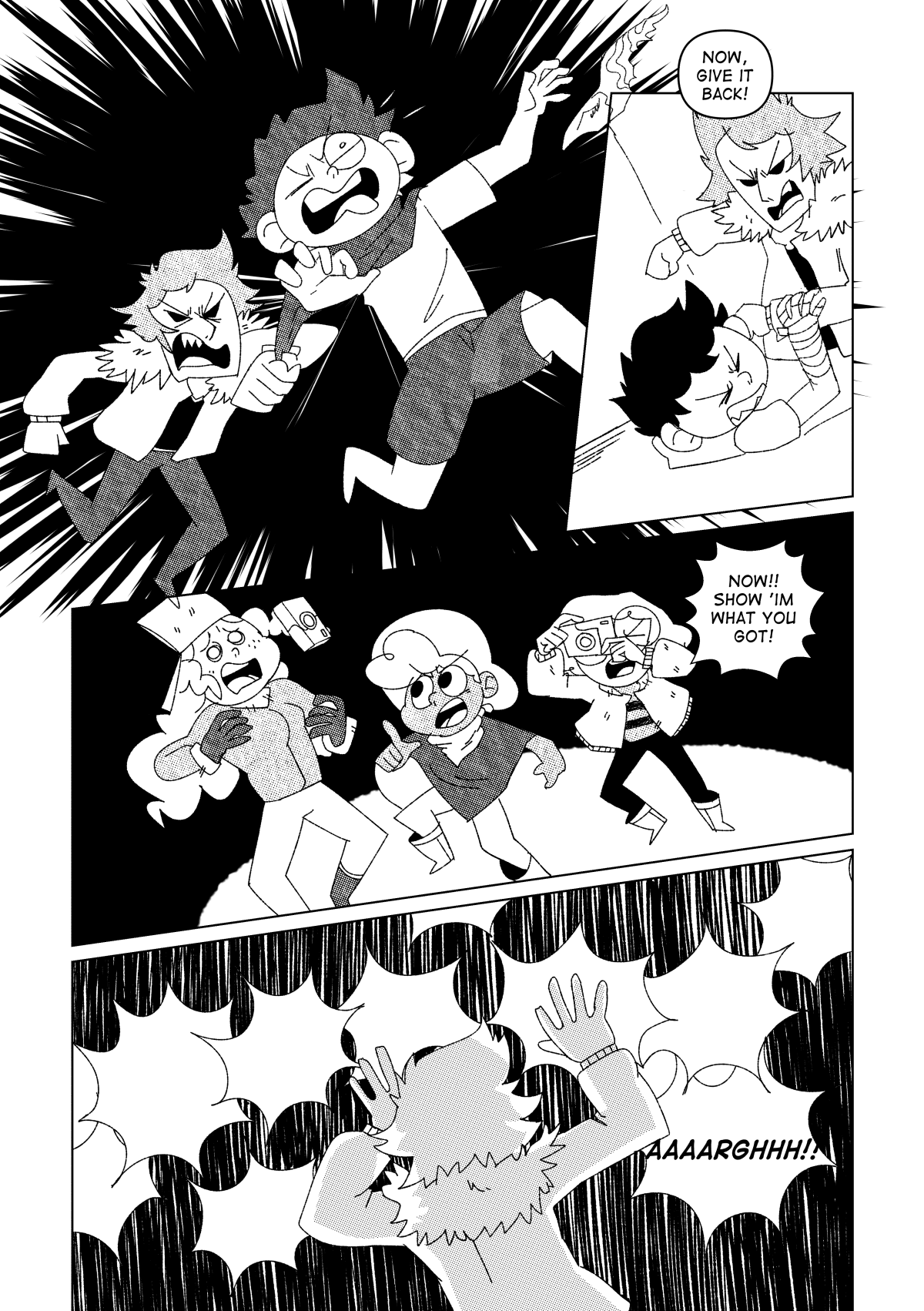 Vincent managed to get a hold of Chuckie, pulling his scarf. He knocked him down and asked him for his map back. Nate, Marissa and Nita ran up to them. “Now, show ‘im what you got!” Nate yelled, as they started bombing their target with photographs. While it worked, it caught the wrong person in the endless barrage of flashing lights. He yelled in confusion and discomfort.